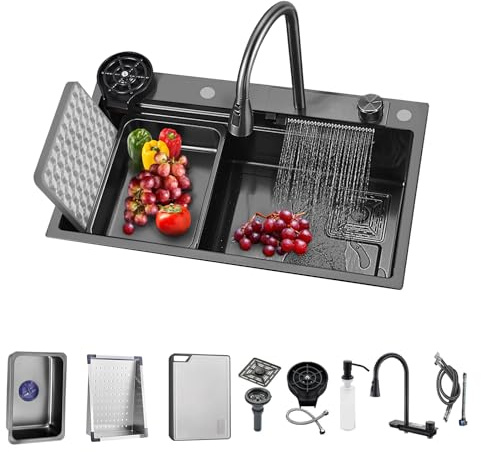BIGYOUZI Évier Cuisine 1 Bac Évier de cuisine en acier inoxydable Pour laver les légumes et la vaisselle avec robinet à tirette cascade 27IN | 68CM