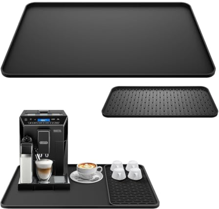 Silikonunderlägg för kaffebryggare, 40 x 60 cm kaffemaskinssilikonmatta med 19 x 40 cm droppmatta, diskho, torrmatta, värmebeständig halkfri, 2 i 1 silikonmatta under kaffemaskin (svart)