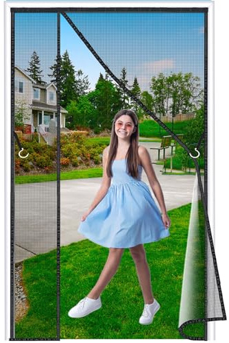 Luxvix Side Opening Fly Screens for Doors, 115x205 cm Reinforced Polyester Removable Fly Net for Door, Top-to-Bottom Seal Snaps Shut Automatically, Keep Fresh Air in&Bugs Out Black