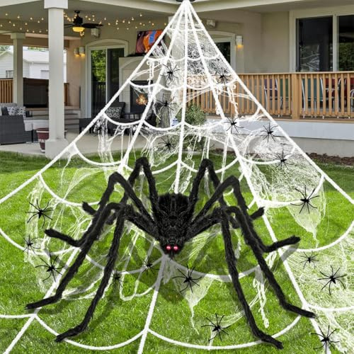 BEJAGWUS Halloween Deko Outdoor Garten Spinnennetz Set,5 M Spinnennetz Deko + 1,5 M Riesen Helloween Spinne + 20 Mini-Spinnen + 8 ㎡/40g Spinngewebe für Halloween Party Horror Draußen (Schwarz)