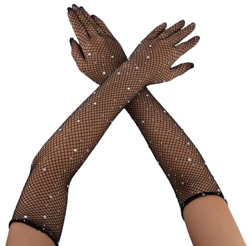 Mikovivi Rhinestone Long Fishnet Gloves, Black Polyester Sparkly Mesh Rave Gloves Fishnet Arm Sleeves for Women Evening Party Dress Costume Accessory Party Supplies