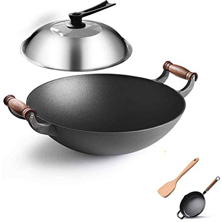 Pentola in ghisa da 36 cm, Padella Antiaderente Antiaderente Non Rivestita a Doppia Faccia, pentolame Multiuso addensante, Fondo Tondo(C-Round Bottom)