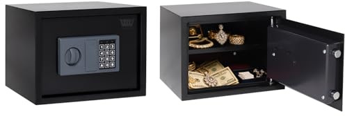 WestWood Small Safe Box Steel Lock Box with Key and Code Lock, With Shelf, Waterproof Fireproof Money Document Safe for Home Office Hotel Storage, 16.9L