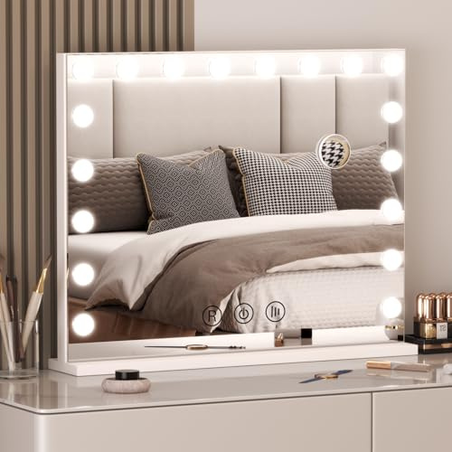 Hamlody Hollywood Schminkspiegel mit Beleuchtung, Schminktisch Spiegel mit 3 3500K-6500K Farbtemperatur Licht & 18 LED Lam, 10-Fache Lupe & Touch Steuerung Vanity Mirror with Light, 80x60cm