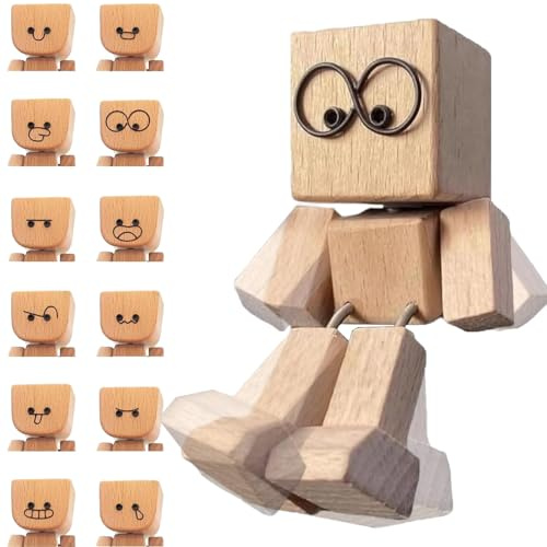 ZHAOZHI Wackelfigur Auto aus Holz - Schüttelmann mit 12 austauschbaren Gesichtern, Handgefertigtes Physik Spielzeug gegen Stress für Erwachsene, Lustige Armaturenbrett Dekoration