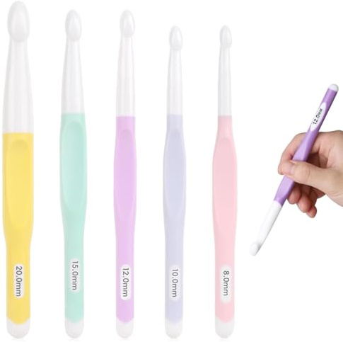 5pcs Large Crochet Hooks Set,8mm 10mm 12mm 15mm 20mmPlastic Big Crochet Hooks Needles for Chunky Yarn with Ergonomic Handle Weaving Tools,Non Slip Handle Crochet Hook,for Crochet Blankets,Shawl,Carpet