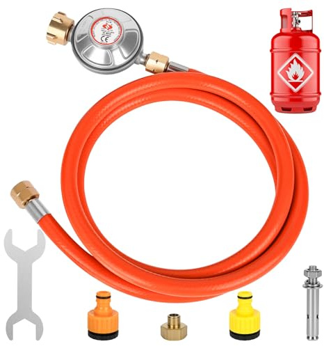 Rzspher Régulateur de pression de gaz 50 mbar, tuyau de gaz de 150 cm, filetage extérieur 1/4 -19 LH, régulateur de pression de gaz à basse pression pour barbecues pour camping, pique-niques