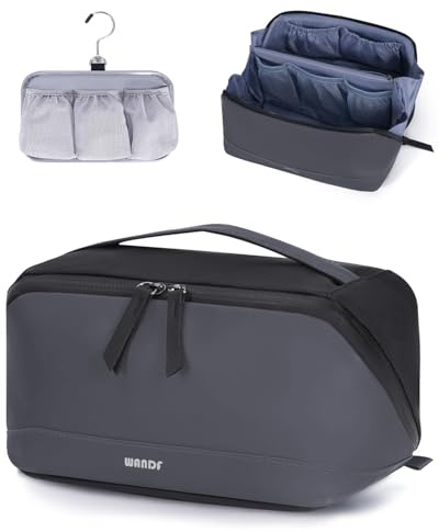 WANDF Kulturtasche für Herren, Reise-Kulturbeutel aus PU-Leder Organizer mit Abnehmbarer Wasserdichter Hängetasche, Offenes Flaches Kosmetiktasche mit Nassfach für Reiseaccessoires (Dunkelgrau)