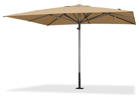 PURPLE LEAF Sonnenschirm Groß 350 x 350 cm XXL Gartenschirm Halbautomatischer Marktschirm Gartenschirm Push-up-System UPF 50+,für Markt, Terrasse, Anthrazit Metallic Alu-Rahmen, Beige