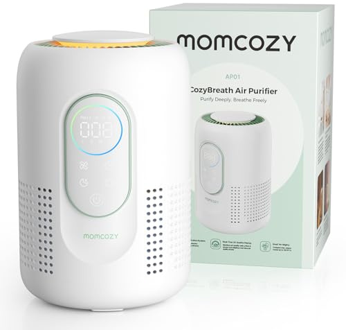 Momcozy Nursery Air Purifier, 4-Filter System with H13 HEPA & Carbon, Real-Time PM2.5 Air Quality Monitor & Display with 3-Color Status, Baby Air Purifier with 21 dB Sleep Mode, Dimmable Night Light