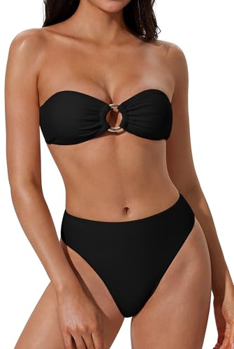 SUUKSESS Women Bandeau Strapless O Ring Bikini Sets Tie Back High Waisted 2 Piece Swimsuit Cheeky Removable Halter High Cut Bathing Suits（Black,L