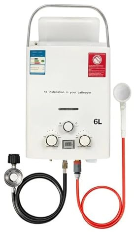 Scaldabagno istantaneo a gas propano GPL da 6 litri, for campeggio all'aperto, con riscaldamento istantaneo, con soffione doccia, for auto, camion e tenda(White)