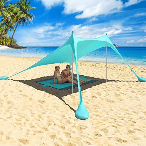 Beach StrandZelt mit Picknickdecke und Sandsack Anchor | Strandmuschel Sonnenschutz Zelt für Strand mit UV-Schutz UPF 50+ (Türkis)