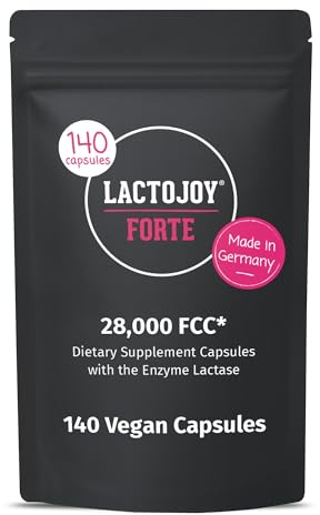 LactoJoy Forte 28.000 FCC Lattasi Capsule con Effetto Depot 6h – 140 Capsule Vegane – Enzima Lattasi ad Alto Dosaggio per Intolleranza al Lattosio – Made in Germany – Busta Ricarica