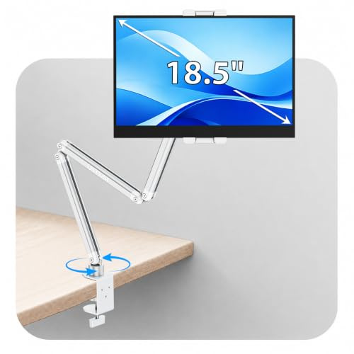 Urmust Portable Monitor Halter, Tablet Halterung Tisch mit Klemme Silber | Aluminium 360 Grad drehbarer Verstellbarer 3-Arm Staender fuer Homeoffice, Kueche, Nachttisch und 4,7-18,5 Zoll Geraete