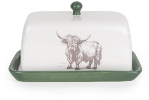 Highland Cow Butter Dish, 19cm White Ceramic Butter Tray with Removable Lid | Highland cow ceramic butter dish with lid, 250 g holder, White & green design, Hand wash only; not dishwasher/microwave safe