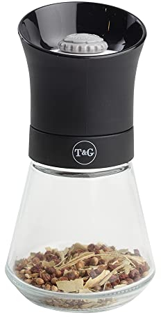 T&G CrushGrind Spice Mill with Removable Glass Base, 12.5 cm, Black, Herbs Spices Seeds Chilli Flakes/Manual Grinder