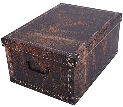 Kreher XXL Dekokarton, Aufbewahrungsbox mit Deckel und Griffen. 45 Liter Volumen. Verschiedene Motive (Leder Dunkelbraun)