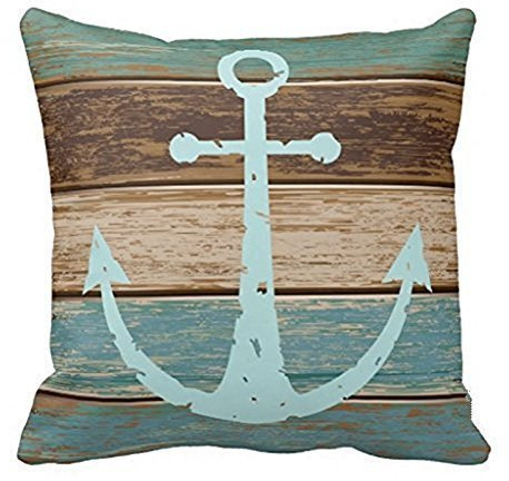 Violetpos Nautical Anchor Cushion Cover, Vintage Weathered Wood Linen Cotton Decorative Cushion Case, 40 x 40 cm Square Invisible Zip Washable Cover for Sofa Car Home Decor, 1 Pack