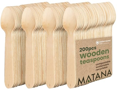 MATANA 200 Holz-Teelöffel 14cm - Einweg Kaffeelöffel, Klein Holzlöffel, Eislöffel - Glatt & Splitterfrei - Mini Einweglöffel für Kaffee, Desserts & Verkostungen - 100% Natürlich & Biologisch Abbaubar