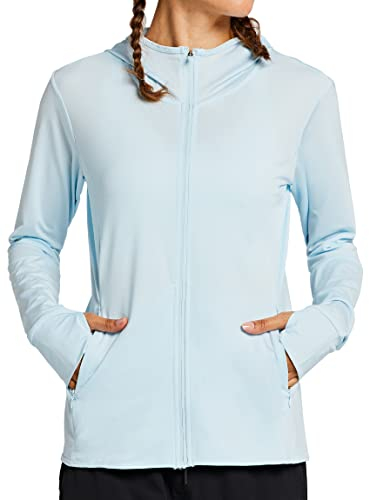 MASKERT Damen UV Shirt Sonnenschutz Hoodie Laufshirt Langarm Full Zip Funktionsshirt Wandershirts Sportshirt Running mit Taschen Outdoor Jacke UPF 50+, Eisblau L