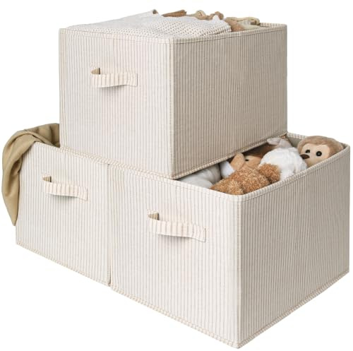 StorageWorks Large Storage Boxes for Wardrobe, Rectangular Storage Baskets for Shelves, Closet Organizers with Handles, Foldable Closet Storage Bins for Linen Closet, Beige Stripes, 3-Pack | Foldable Shelf Organizer Bins, Closet Storage Baskets for Clothes, Storage Bins for Organization
