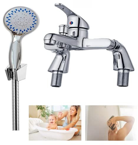 Mixer Tap with Shower Head, Solid Brass Bathroom Set with 3 Adjustable Spray Waterfall Chrome Sink Mixer Tap, Single Lever Deck Mount Bath Filler Tub Mixer Tap with 150cm Long Hose