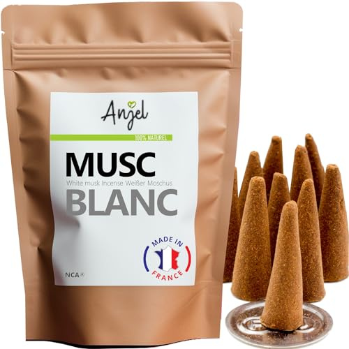 10 Cônes Encens Senteur MUSC Blanc - Encens Cône 100% Naturel Relaxation Méditation Purification + Brûleur Porte Encens Offert - NCA