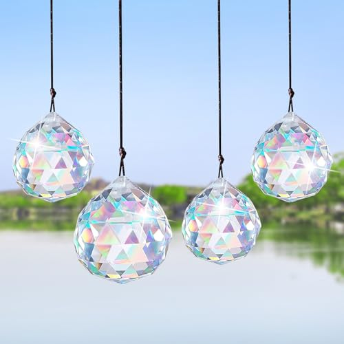 4 Stück Sonnenfänger Kristalle zum Aufhängen, Prisma Kristall Regenbogen, 30 mm, Erfasst Sonnenlicht, Erzeugt einen leuchtenden Regenbogeneffekt, des Geschenkersatzes, für Fenster, Gärten, Hochzeiten