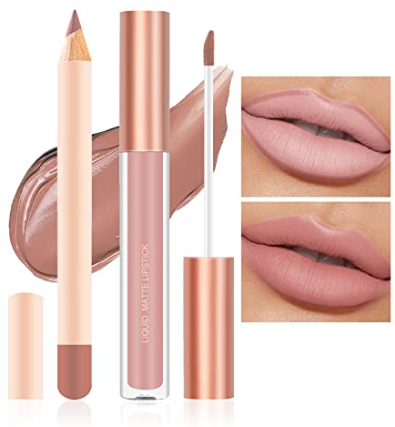 Prreal 2Pcs Lip Liner et Set de maquillage de rouge à lèvres, Rouge à lèvres liquide mat + doublure à lèvres assortie, Kit de maquillage Nude velouté lèvres Kit cadeau(01)