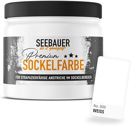 SEEBAUER diy Sockelfarbe Weiß 300ML für Außen (No. 000 Weiß) Rissfüllende Spezialfarbe für Fassade, Sockel und Dach - Geeignet für Putz, Mauerwerk und Beton