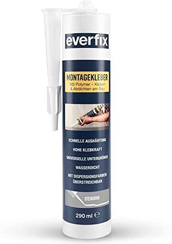EVERFIX Montagekleber grau (325 g / 290 ml Kartusche) für innen und außen, extra starker Kraftkleber für Metall, Holz, Fliesen, etc., Baukleber zum Kleben und Abdichten