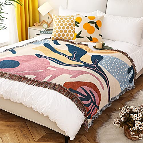 LumiSyne Double-Sided Cotton Woven Throw Blanket With Tassel Jungle Bohemian Style Tapestry Shawl Multi-Function Decorative Throws For Sofa Bed Armchair Camping Blanket Tablecloth Carpet 160x130cm