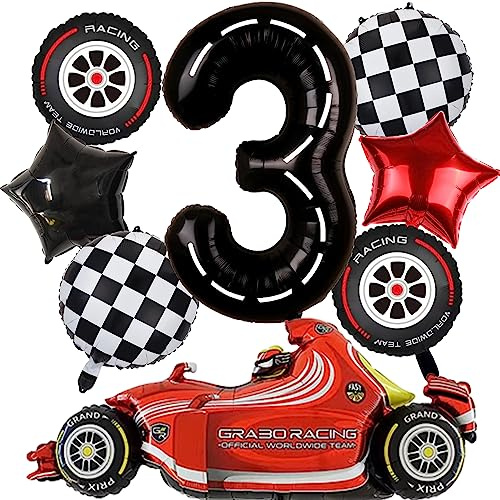 iUgeeo 3-Year-Old Vintage Birthday Party Decorations with Inflatable Red Car Tyres Stars Checkered Number 3 Balloons for Kids Boys Girls 3rd Race Car Party Room Backdrop Decor, 8 Pcs/set