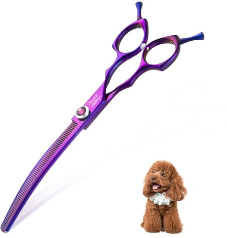 JASON 7.5 Dog Grooming Scissors - Professional Curved Thinning Shears for Grooming, Japanese 440C Stainless Steel Blender Shears with Diamond Adjustable Screw (65 Teeth, Purple) Christmas Gift