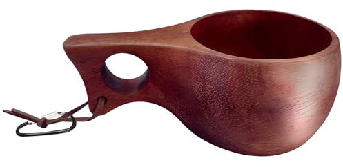Flimjibg Coffe Mug Portable Wooden Camp Cup with Handle Kuksa Handmade Cool Hot Drinking Viking Mug Unique Natural Wood Grain for Outdoor Travel Hiking Men Women