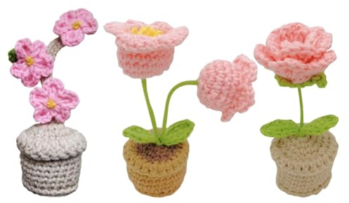YANGSHINE 3 Stück Mini-Topf künstliche Blumen handgefertigt gehäkelte Blumen fertiggestellt handgestrickte Maiglöckchen Blume für Zuhause Büro Auto Armaturenbrett Dekoration, Color#4