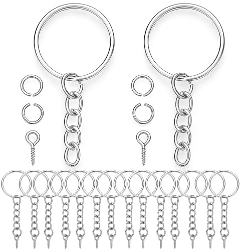 Naler Keychain Ring Set, 120pcs, 25mm, Silver Alloy | Metal Keychain Rings with Chain, Jump Rings Included, Screw Eye Pins, For DIY Crafts & Key Attachments