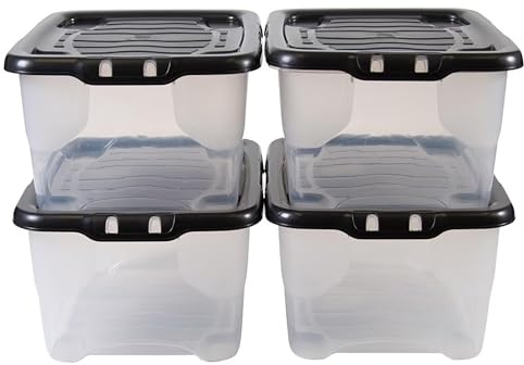 STAR SUPPLIES Strong Stackable Clear Transparent Base Storage Containers With Black Lids For Home & Office (3, 24 Litre)