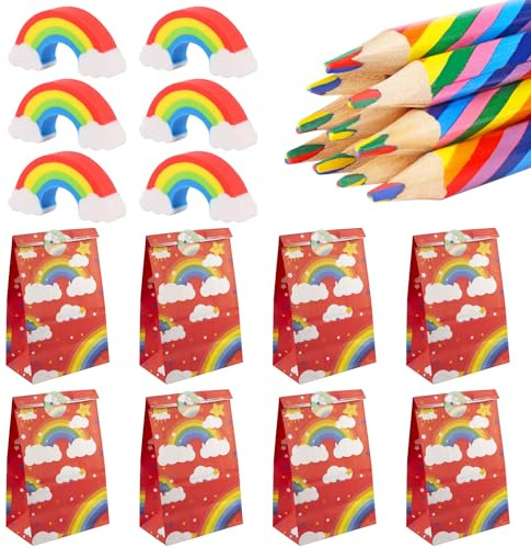 Rdlobu Regenbogenstift Set, 36 Stück für Kinder Regenbogen Mitgebsel | 12 Regenbogenbuntstifte, 12 Regenbogen Radiergummis, 12 Regenbogen-Geschenktüte aus Kraftpapier, Ideal als Kinder Geschenke