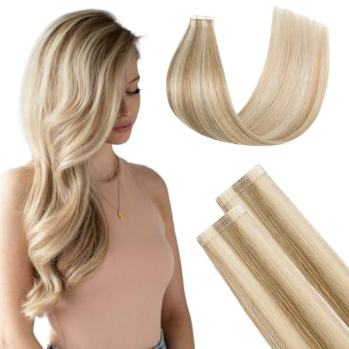 FUOTONBUTY Tape Extensions Echthaar Doppelt Genäht, Balayage Karamellblond bis Bleichblond Tape in Extensions Echthaar, 20 Stück 40g Invisible Tape Extensions, Tape on Extension Echthaar 35cm