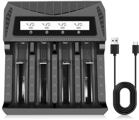 18650 Caricabatterie, Caricabatterie Pile Ricaricabili, Caricatore Pile Ricaricabili, Caricabatterie AA, 4 Alloggiamenti per Batterie Agli Loni di Litio da 3.7V 18650, 26650, 18500, 16340, 14500