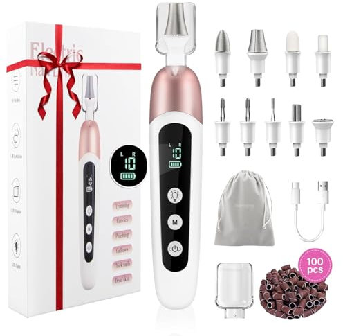 Karrong Maniküre Pediküre Set Elektrisch, Elektrische Nagelfeile mit 9 Aufsätzen, Kabellos Akku Elektrische Nagelfräser, Nagelpflegeset 10 Geschwindigkeiten LED Licht für Gelnägel Acrylnägel (Weiß)