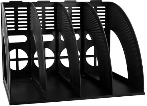 PTJJXA Portariviste con 4 Scomparti, Portariviste da Scrivania Verticale, Porta Quaderni da Scrivania, Robusto Organizer in Plastica per Documenti A4, Porta Libri per Ufficio, Scuola, Casa (Nero)