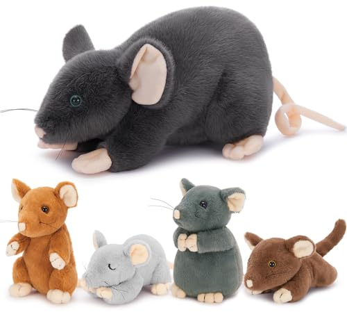 MorisMos Giant Mouse Teddy Stuffed Animal, 40cm Mom Mouse with 4 Cuddly Baby Inside, Big Realistic Rat Plush Soft Toy Kawaii Present for Kids Birthday Christmas Deco