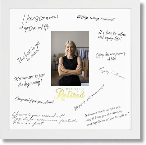 13x13 Retirement Signature Frame with Plexiglass Cover - Holds 4x6 Photos - Happy Retirement Gift for Women/Men, Alternative Guest Book Autograph Frame for Party Decorations & Wall Display, White Gold