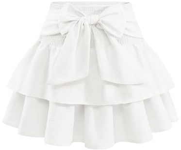 Timormode Women's Girls Bow Mini Skirt Flowy High Waisted Ruffle Hem Short Skirts Cute Boho Lightweight Layered Skater Skirt Perfect for Summer TMS8005 White S