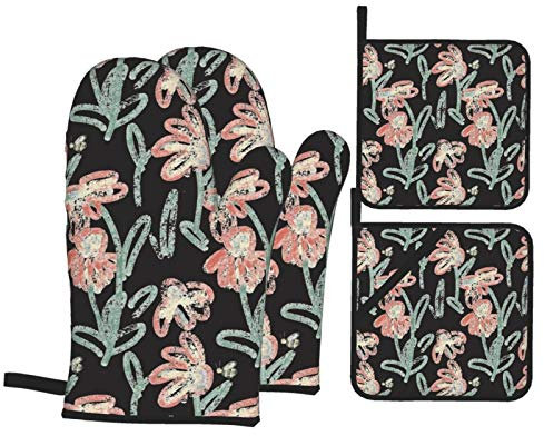 Topflappen Und Topflappen Set Von 4 Echinacea Schwarz Topfhandschuhe Wasserfeste Grillhandschuhe Küchendekoration Kochhandschuhe, Für Küche, Backen, Grillen
