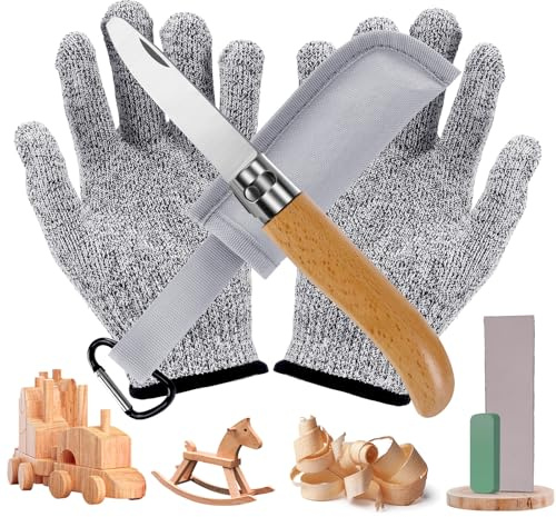Schnitzmesser Kinder ab 6 Jahre, hochwertiges Kindermesser Schnitzset, klappbares Outdoor-Taschenmesser mit Holzgriff, Schnitzwerkzeug - Outdoor Messer, inkl schnittfeste Handschuhe, Messerscheide