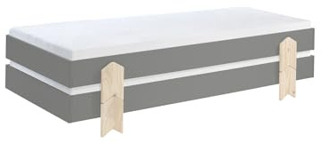 Stapelbett >Moldulo< Art. Set best. aus 2 Einzelbetten/Stapelbetten je 90 x 200 cm Liegefläche, grau lackiert, Fuß Pfeil-Optik Kiefer natur lackiert, Stellfläche ca.: B: 203,6 x H: 27,5 x T: 93,8 cm